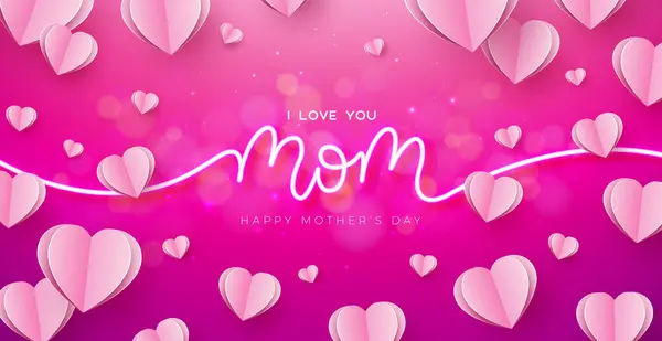 Kağıt Yürekli Mutlu Anneler Günü Kutlama Kartı Tasarımı Parlayan Neon Telifsiz Stok Illüstrasyonlar