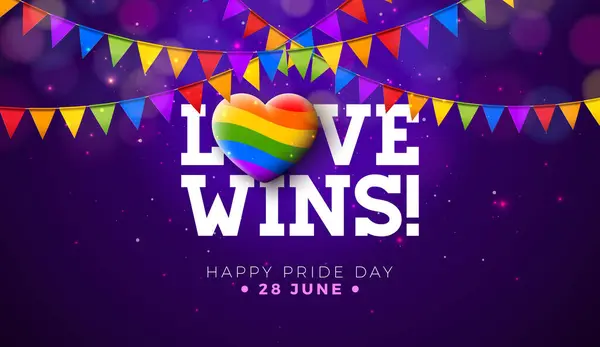 Miłość Wygrywa Happy Pride Day Lgbtq Ilustracja Tęczowym Sercem Kolorowe Grafika Wektorowa