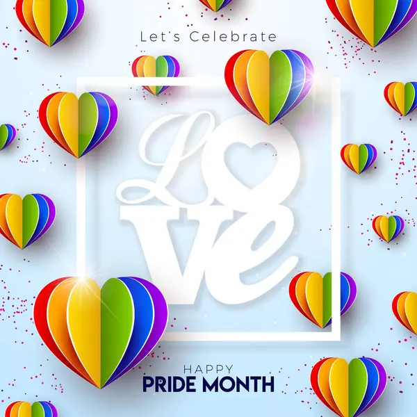 Lgbtq Pride Month Illustration Mit Papierherzen Regenbogenfarbe Und Textetikett Auf lizenzfreie Stockvektoren
