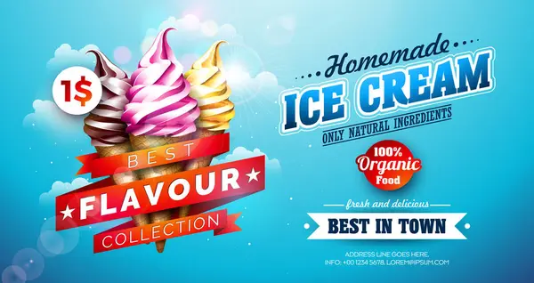 Heerlijke Ice Cream Flyer Design Met Classic Taste Sundaes Blue Stockillustratie