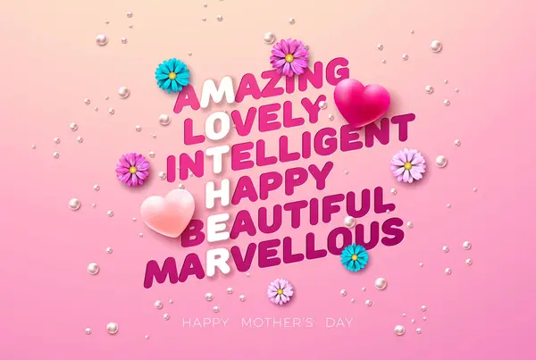 Happy Mothers Day Greeting Card Design Καρδιές Και Πολύχρωμα Λουλούδια Εικονογράφηση Αρχείου