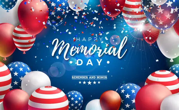 美国矢量设计模板纪念日 带有美国国旗的气球 并在Shiny Blue Background上坠落的Confetti 贺卡或其他物品的国家爱国庆祝图解 矢量图形