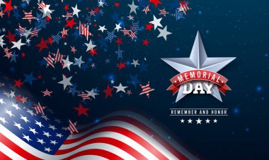 Amerikan Vektör İllüstrasyon Şablonu 'nun Düşen Renkli Yıldız Arkaplanındaki Amerikan Bayrağı Anma Günü. Banner, Flyer, Greeting Card veya Tatil Posteri İçin Ulusal Vatansever Kutlama Tasarımı