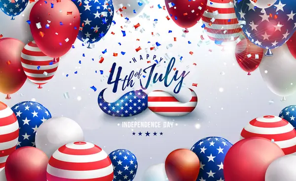 7月4日 アメリカの旗パターンパーティーバルーンとダークブルーの背景に落ちるコンセッティとのベクターイラスト 7月4日 国立祝賀デザイン — ストックベクタ