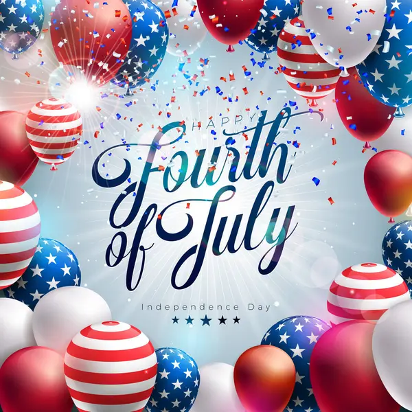 7月4日 アメリカの旗パターンパーティーバルーンと光の背景に落ちるコンセッティとのベクターイラストのアメリカ独立記念日 7月4日 国立祝賀デザイン — ストックベクタ