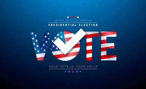 アメリカ合衆国2024年大統領選挙バナー ブルーバックグラウンドのテキストラベルにアメリカの国旗とイラスト ベクター投票日 11月5日 ポスターのタイポグラフィを用いた米国選挙投票デザイン ストックイラスト