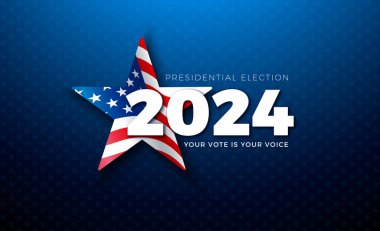 ABD 2024 Başkanlık Sancak İllüstrasyonunda Amerikan Bayrağı Mavi Arkaplanda Yıldız Sembolü ve Metin Etiketi. Seçmen Günü, 5 Kasım. Birleşik Devletler Seçim Seçimleri Tasarımı
