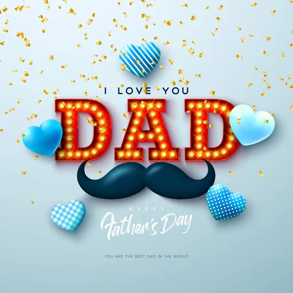 Happy Fathers Day Projekt Kartki Gold Falling Confetti Wąsy Żarówki Grafika Wektorowa