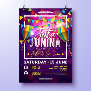 Festa Junina Party Flyer Design with Flags, Paper Lantern and Typography Design on Fireworks Background. Vektör Brezilya Haziran Festivali Kutlama Posteri veya Bayram Davetiyesi İllüstrasyonu