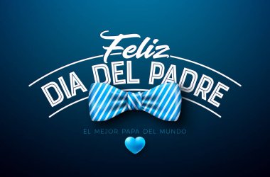 Çizgili papyonlu ve koyu mavi arka planda kalbi olan Babalar Günü tebrik kartı tasarımınız kutlu olsun. Feliz Dia del Padre İspanyolca Sevilen ve En İyi Baba İllüstrasyonu. Banner için Şablon
