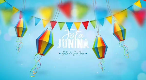 Festa Junina Illustratie Met Kleurrijke Party Flags Paper Lantern Sky Vectorbeelden