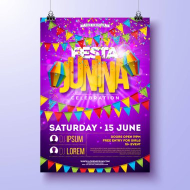 Renkli Bayraklı Festa Junina Parti Flyer Design, Mor Arkaplanda Kağıt Fener ve Typography Design. Vektör Brezilya Haziran Festivali Kutlama Posteri veya Bayram Davetiyesi İllüstrasyonu