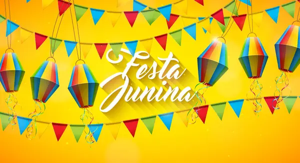 노란색 배경에 플래그와 페스타 Junina 일러스트 브라질 인사말 포스터에 전통적인 스톡 일러스트레이션