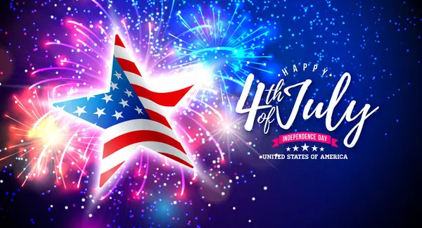 7月4日 米国独立記念日 スターシンボルのアメリカの旗と夜のスカイバックグラウンドの輝かしい花火とのベクターイラスト 7月4日 タイポグラフィによる国民祝賀デザイン ロイヤリティフリーストックベクター