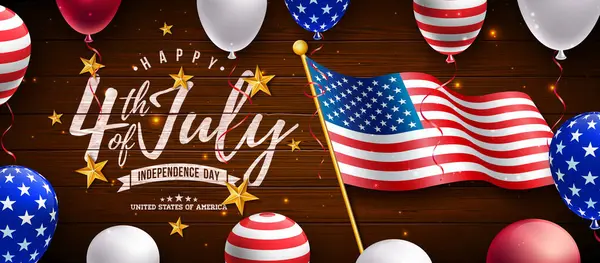 7月4日 アメリカの国旗 ゴールドスター ヴィンテージウッドの背景に関するタイポグラフィのイラスト 7月4日 国立祝賀デザイン ベクターグラフィックス