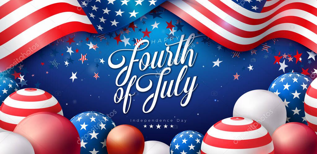 4th of July Independence Day of the USA Vector Illustration with American Flag Pattern Party Balloon and Falling Confetti on Dark Blue Background. Fourth of July National Celebration Design with