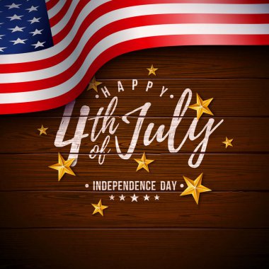 Amerikan Vektör İllüzyonu 'nun 4 Temmuz Bağımsızlık Günü Amerikan Bayrağı, Altın Yıldız ve Klasik Ahşap Arkaplan Üzerine Tipografi Mektubu ile. 4 Temmuz Ulusal Kutlama Tasarımı