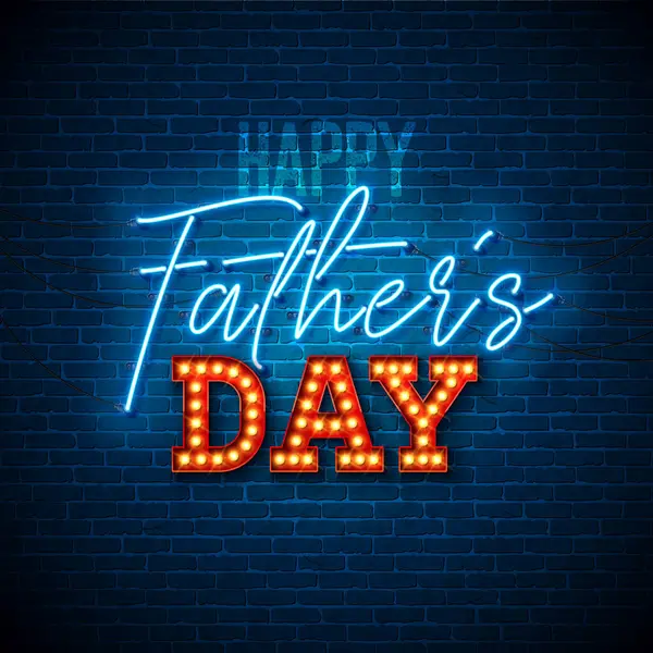 Happy Fathers Day Projekt Kartki Świecącym Świetle Neonu Żarówki Tle Wektor Stockowy