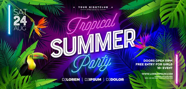 Summer Party Banner Design Template Glowing Neon Light Fluorescent Tropic Grafiche Vettoriali