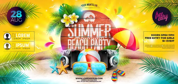 サマービーチパーティー バナーヴィンテージウッドボードの背景にタイポグラフィでトロピカルアイランドのサングラスとビーチボールを備えたフライヤーデザイン エキゾチックなパームとベクトル夏の休日のイラスト ストックイラスト