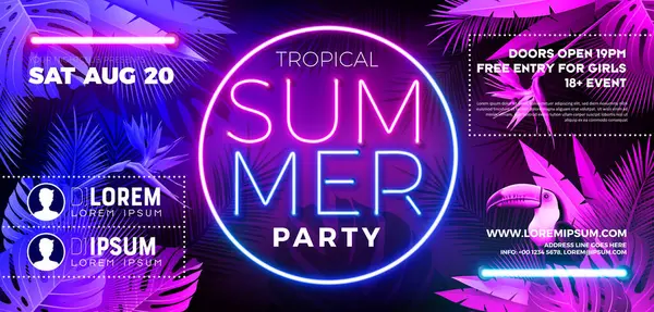 Summer Party Banner Design Template Glowing Neon Light Fluorescent Tropic Stock Vektory
