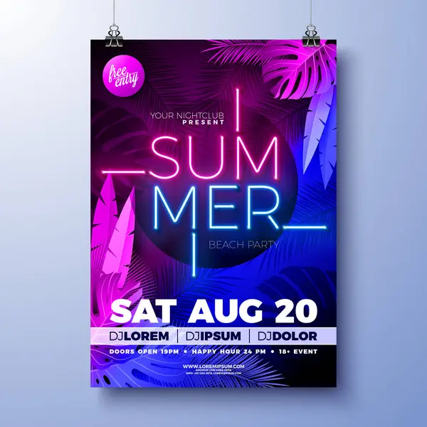 Summer Party Flyer Design Sablon Izzó Neon Fény Fluoreszkáló Trópusi Jogdíjmentes Stock Vektorok