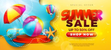 Sahil Toplu Yaz Satışı Tasarımı, Güneş Gözlüğü ve Sarı Arkaplanda Kağıt Metin Etiketi. Tropikal Çiçek Vector Tatil İlüstrasyonu Kupon, Fiş, Flyer için Özel Teklif Tipografisi