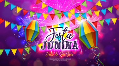 Renkli Parti Bayraklarıyla Festa Junina Illustration ve Havai fişek arka planında Paper Lantern. Vektör Brezilya Geleneksel Haziran Sao Joao Festivali Bayrak, Kutlama Kartı, Davetiye veya Tatil Tasarımı