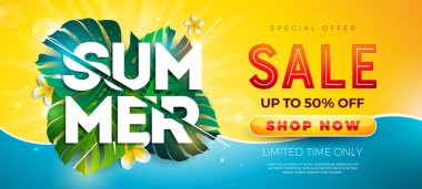 Sarı ve Mavi Arkaplanda Çiçekli ve Egzotik Yapraklı Yaz Satışı Tasarımı. Tropik Çiçek Vector Sahili Tatil İllüstrasyonunda Kupon, Fiş ve Flyer için Özel Teklif Tipografisi