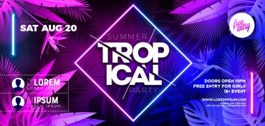 Flüoresan Tropik Yapraklar Üzerine Parlayan Neon Işıklı Yaz Partisi Afişi Tasarım Şablonu. Banner, Flyer, Davet ya da Kutlama Posteri için Vektör Yaz Kutlaması İllüstrasyonu