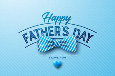 Mavi Arkaplanda Papyon, Kalp ve Typography Lettering ile Babalar Günü tebrik kartı tasarımınız kutlu olsun. En İyi Baba için Vektör Kutlama Çizimi. Banner için Babalar Günü Şablonu, Flyer