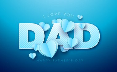 Mutlu Babalar Günü Kutlama Kartı Tasarımı: Bıyıklı ve Mavi Arkaplanda Uçan Kağıt Yürekli. Vector Kutlama İllüstrasyonu 'nda 