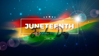 Haziran Özgürlüğü Günü Tasarımı. Afro-Amerikan 19 Haziran Bağımsızlık Günü. Banner İçin Mavi Arkaplanda Tipografi Mektupları ve Bayrağıyla Yıllık Amerikan Özgürlük Günü Vektör İllüzyonu