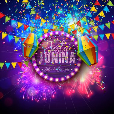 Festa Junina Kutlama Banner Illustration with Paper Lantern, Party Flags and Ampul Billboard on Parlayan Havai fişek Arkaplanı. Vektör Brezilya Haziran Sao Joao Kutlama Kartı Tasarımı