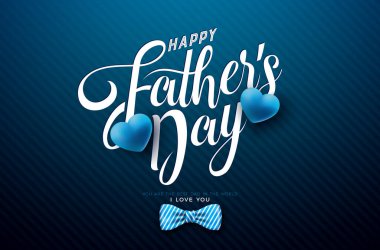 Mavi Arkaplanda Papyon, Kalp ve Typography Lettering ile Babalar Günü tebrik kartı tasarımınız kutlu olsun. En İyi Baba için Vektör Kutlama Çizimi. Banner için Babalar Günü Şablonu, Flyer