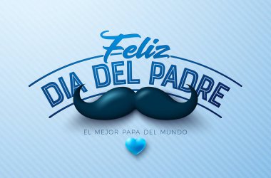 Mutlu Babalar Günü Kutlama Kartı Tasarımı Bıyıklı ve Yürekli Açık Mavi Arkaplan. Feliz Dia del Padre İspanyolca Sevilen ve En İyi Baba İllüstrasyonu. Banner için şablon, Gönder