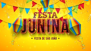 Festa Junina Illustration with Paper Lantern, Party Flags and Ampul Billboard Lettering on Yellow Background. Brezilya Vektörü Sao Joao Haziran Festivali Kutlama Kart, Bayrak veya Tatil Tasarımı