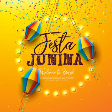 Festa Junina Kutlama Sancak İllüstrasyonunda Paper Lantern, Parti Bayrakları ve Sarı Arkaplanda Ampul Billboard. Vektör Brezilya Haziran Sao Joao Festivali Kutlama Kartı, Davetiye Tasarımı