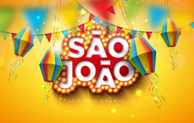 Festa Junina Illustration with Paper Lantern, Party Flags ve Sao Joao Ampul Afişi Sarı Arkaplanda. Vektör Brezilya Haziran Festivali Kutlama Kartı, Bayrak veya Tatil Tasarımı