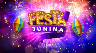 Festa Junina Kutlama Banner Illustration with Paper Lantern, Party Flags and Ampul Billboard on Parlayan Havai fişek Arkaplanı. Vektör Brezilya Haziran Sao Joao Kutlama Kartı Tasarımı