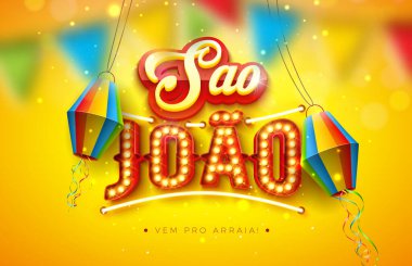 Festa Junina Illustration with Paper Lantern, Party Flags ve Sao Joao Ampul Afişi Sarı Arkaplanda. Vektör Brezilya Haziran Festivali Kutlama Kartı, Bayrak veya Tatil Tasarımı