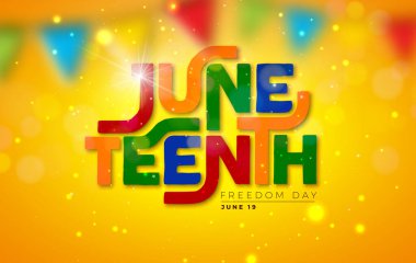 Haziran Özgürlüğü Günü Tasarımı. Afro-Amerikan 19 Haziran Bağımsızlık Günü. Sarı Arkaplanda Renkli Tipografi Harfleri ve Bayrağıyla Yıllık Amerikan Özgürlük Günü Vektör İlülasyonu