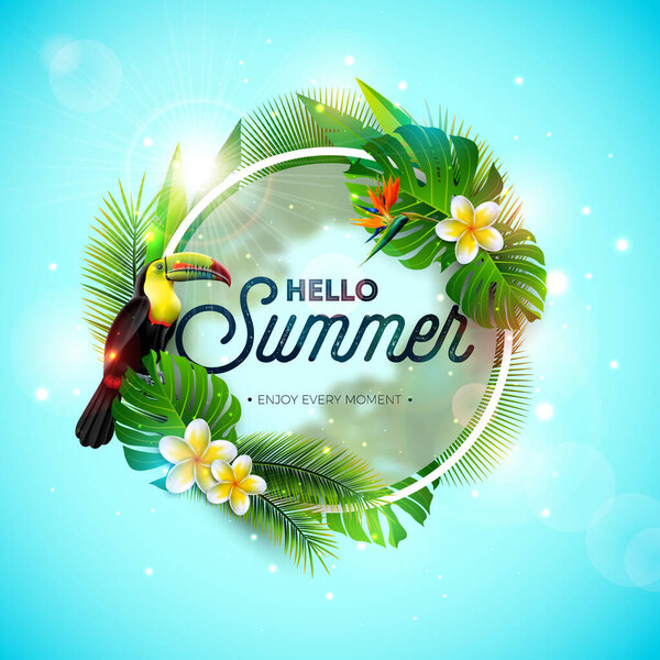 Tropical Summer Holiday Design with Toucan Bird and Parrot Flower on Blue Background. Vector Typography Illustration on Blurred Glass with Exotic Palm Leaves and Phylodendron for Banner, Flyer