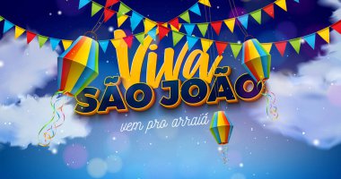 Parti Bayraklarıyla Festa Junina Illustration, Paper Lantern ve Viva Sao Joao Lettering Mavi Bulutlu Arkaplanda. Vektör Brezilya Geleneksel Bayram Festivali Bayrak Tasarımı, Kutlama Sancağı