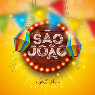 Parti Bayraklarıyla Festa Junina Illustration, Paper Lantern ve 3d Sao Joao Lettering Ampul Billboardunda Ahşap Arkaplanlı. Vektör Brezilya Haziran Festivali Kutlama Kartı, Bayrak Tasarımı