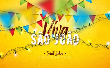 Parti Bayraklarıyla Festa Junina İllüstrasyonu ve Sarı Arkaplanda 3D Harfler. Vektör Brezilya Haziran Geleneksel Bayram Bayrak, Kutlama Kartı, Davetiye veya Poster Tasarımı