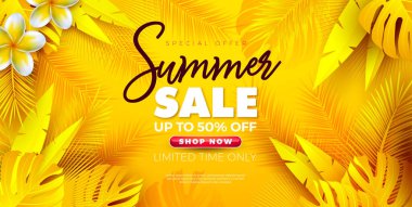 Sarı arka planda çiçekli ve egzotik palmiye yapraklı yaz indirimi afişi tasarımı. Coupon, Fiş, Flyer, Promosyon Posteri için Özel Teklif Tipografisi ile Tropikal Çiçek Vektörü İllüstrasyonu