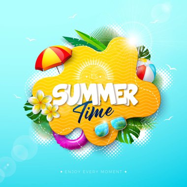 Plaj Tatil Elementleri, Çiçek ve Tropikal Palmiye Yaprakları ile Okyanus Mavi Arkaplanda Yaz Zamanı İllüstrasyonu. Plaj Balosu, Sunshade, Havuz Şamandırası ve tipografi mektuplu güneş gözlüğü. Vektör Tatili