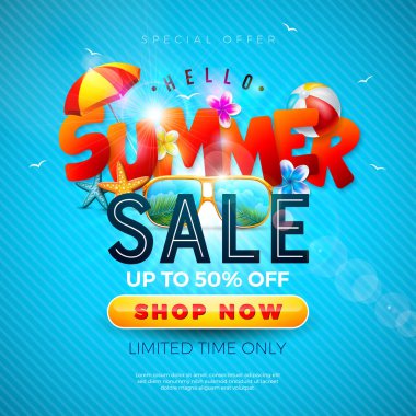 Çiçekli Yaz Satışı Tasarımı, Plaj Tatil Elementleri ve Mavi Arkaplanda Kağıt Metin Etiketi. Tropikal Çiçek Vektörü İllüstrasyonu Kupon, Kupon, Fiş, Flyer için Özel Teklif Tipografisi