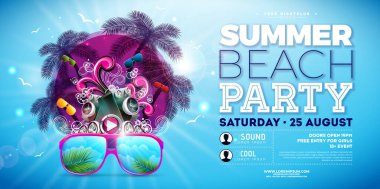 Tropikal Palm, güneş gözlüğü ve Ocean Blue Arkaplan Hoparlörlü Yaz Sahili Parti Afişi Tasarımı. Vector Summer Holiday Illustration with Egzotik Palm Leaves and Maragull for Flyer, Davetiye veya